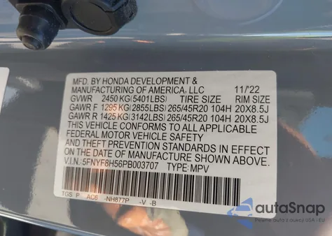 2023 Honda Passport Awd Ex-L из США, поврежденный, VIN 5FNYF8H56PB003707